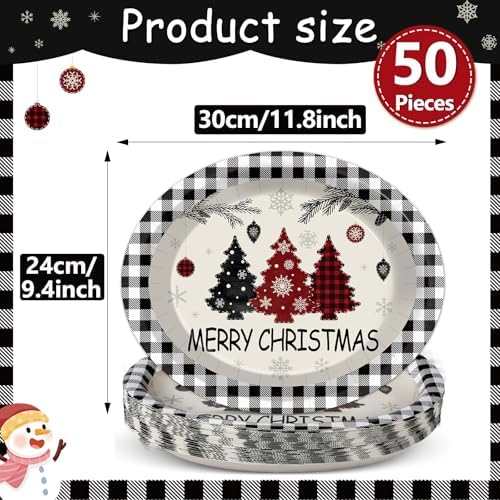 50 Count Christmas Buffalo Plaid Oval Paper Plates 11x9 Inch Party Supplies