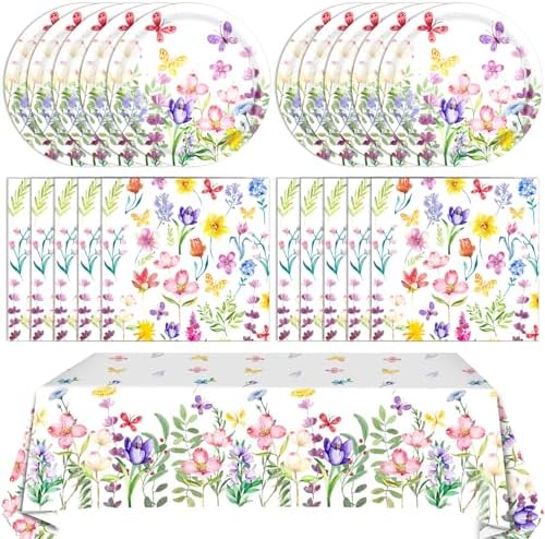 41 PCS Wildflower Party Decorations Floral Plates Napkins Tablecloth
