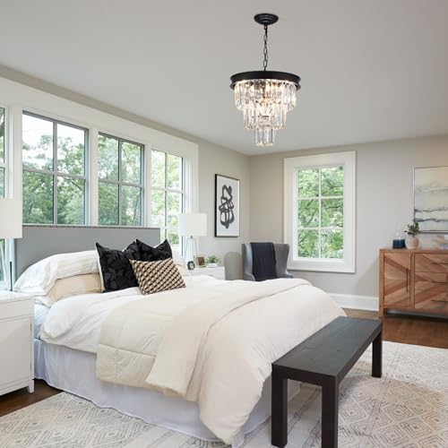 Modern Black Crystal Chandelier 3-Tier Dining Room Light Fixture