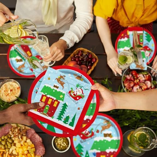 Santa-Themed Disposable Plates Napkins Cups Set with Waterproof Tablecloth - 25 Pieces