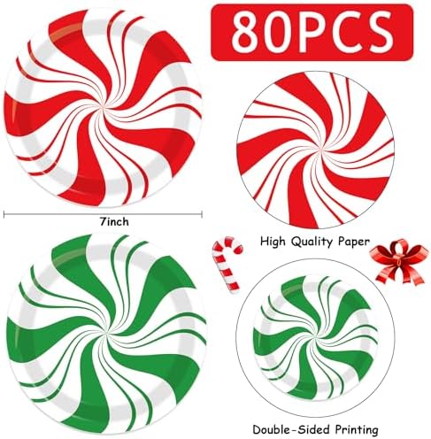 80Pcs Christmas Peppermint Disposable Plates 7 Inch Red Green Striped Partyware