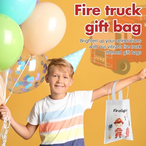 24 Pcs Watercolour Firetruck Party Favors Non Woven Bags with Handles