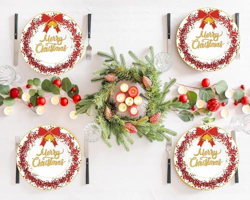 Chiazllta 48pcs Christmas Paper Plates Red Gold Edge Party Tableware