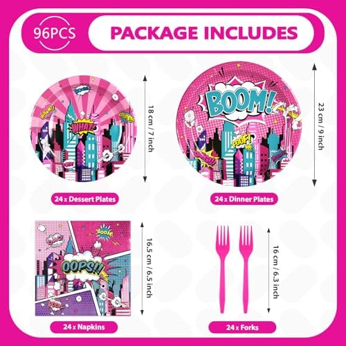 96 Pcs Pink Hero Birthday Party Tableware Set