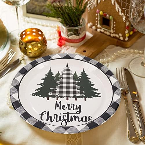 Whaline 24Pcs Christmas Paper Plates with Plaid Tree Design