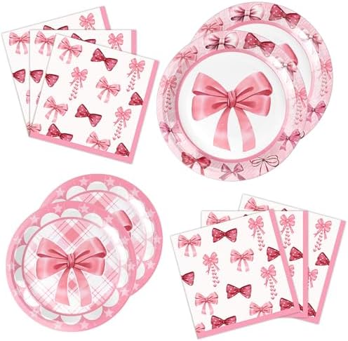 Pink Bow Plates and Napkins Party Tableware Set for 10 Guests