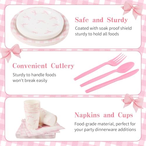 Coquette Pink Bow Party Tableware Set 210 Pcs