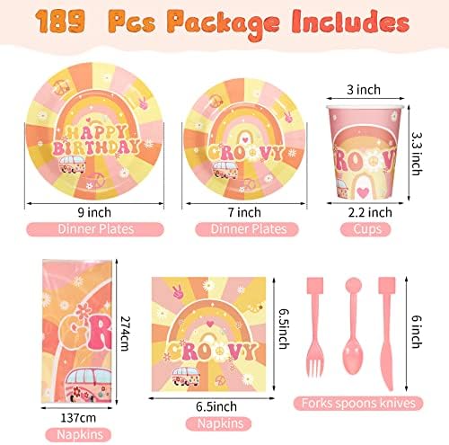 189 Pcs Groovy Retro Boho Birthday Tableware Set