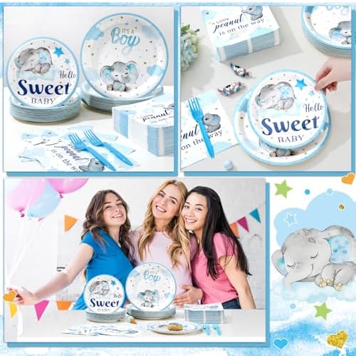 Havawish Blue Elephant Baby Shower Plates and Napkins Set
