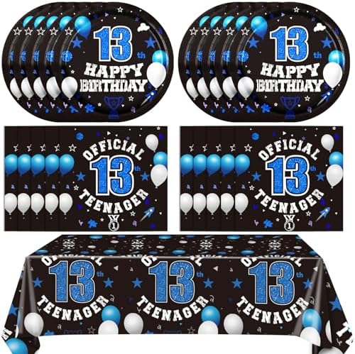 13th Birthday Plates Napkins and Tablecloth Set for Kids