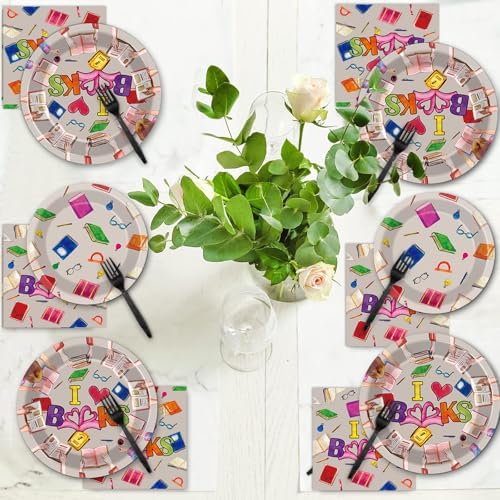 Wiooffen 96 Pcs Book Themed Party Plates Napkins Set for 24 Guests