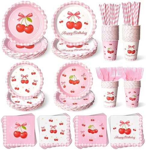 Kinovo 300 Pcs Cherry Plates Napkins Set Serves 50