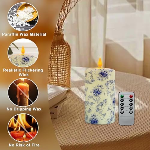 Flameless Pillar Candle 4 Blue and White Porcelain Design with Remote Control