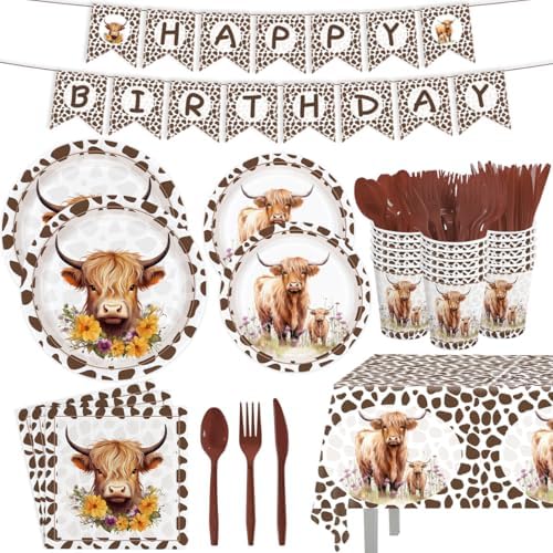 Highland Cow Themed Party Plates Napkins Set for Kids 24 Guests
