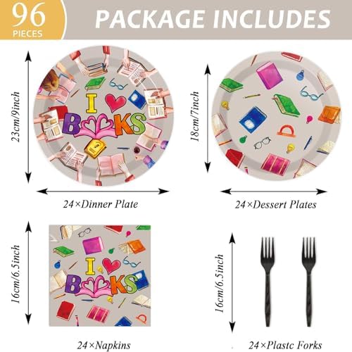 Wiooffen 96 Pcs Book Themed Party Plates Napkins Set for 24 Guests