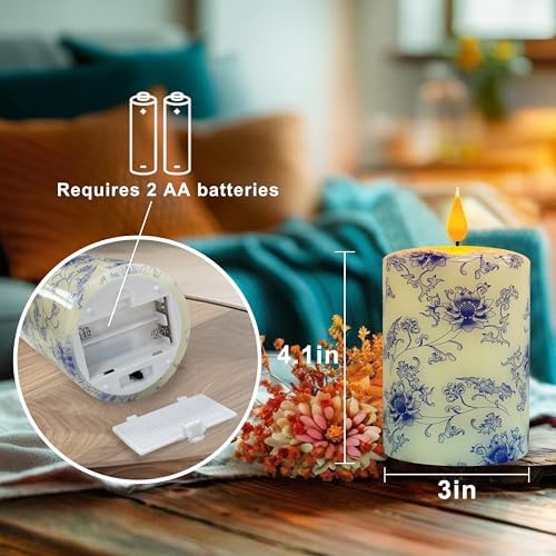 DEVSYWAX Flameless Pillar Candle 4 Inch Blue White Porcelain Real Wax