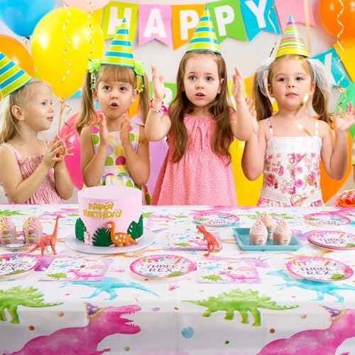 WERNNSAI Pink Dinosaur 3rd Birthday Party Plates Set