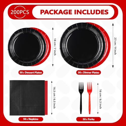 200 Pcs Red Black Party Plates Napkins and Forks Set