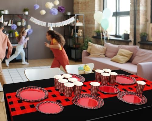 Oudain 162 Pcs Red Black Plaid Tableware Set