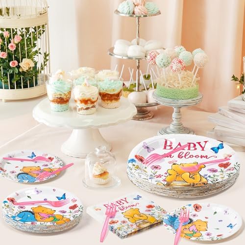 Wildflower Winnie Party Plates Set - 96PCS Disposable Dinnerware for 24 Guests