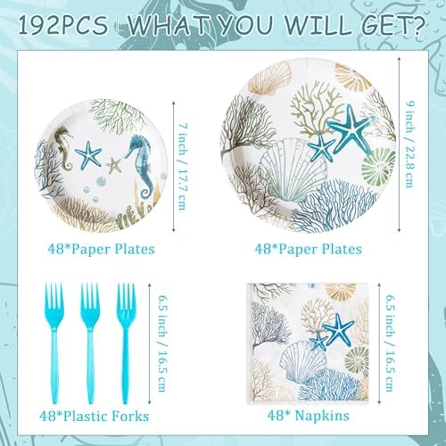Ocean Seashell Themed Paper Plates Napkins Forks Set for 48 Guests