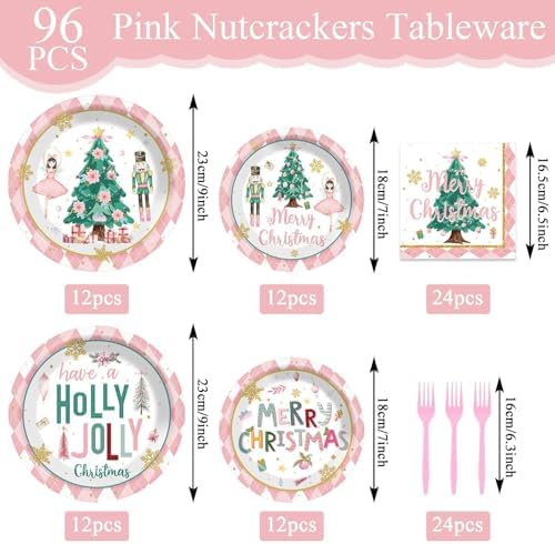 96pcs Christmas Nutcrackers Plates Napkins Set Pink