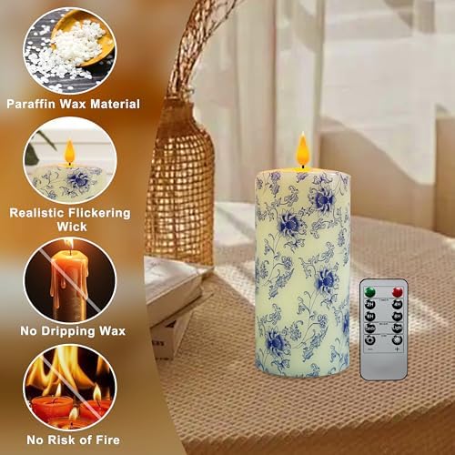 Flameless Pillar Candle with Remote Control 6 Inch Blue and Flower Design
