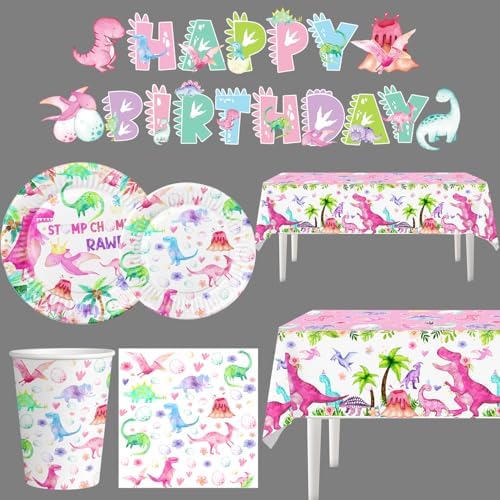 Pink Dinosaur Birthday Decorations Plates Cups Napkins Set