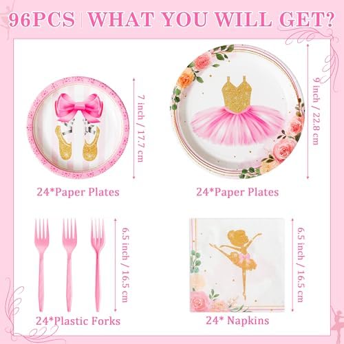 96Pcs Ballerina Party Plates Set for 24 Guests