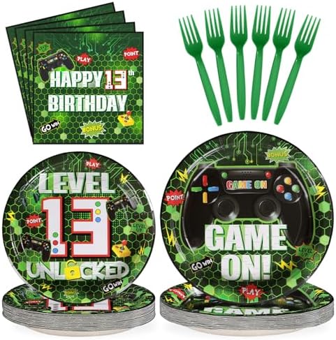 Grencian 96Pcs Green Game Party Tableware Set for 13th Birthday