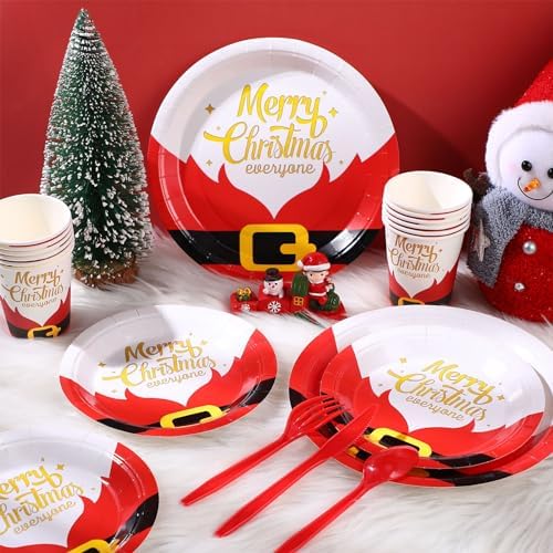 144 Pcs Christmas Party Tableware Set with Plates Cups Cutlery and Santa Belt