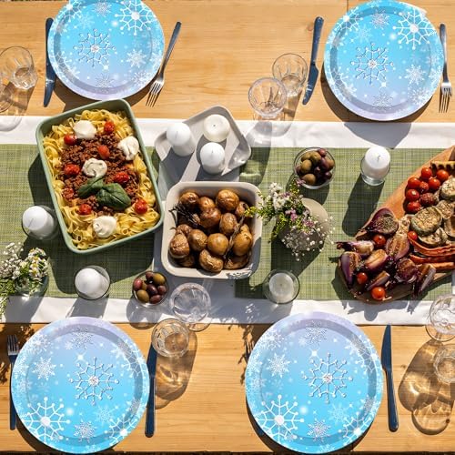 24Pcs Blue Christmas Theme Paper Plates Snowflakes Party Set