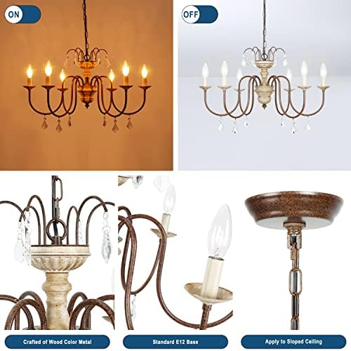 French Country 6-Light Wood Farmhouse Chandelier with Crystal Pendant