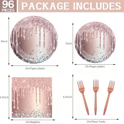DTDO 96 Pcs Rose Gold Disposable Plates Napkins and Forks