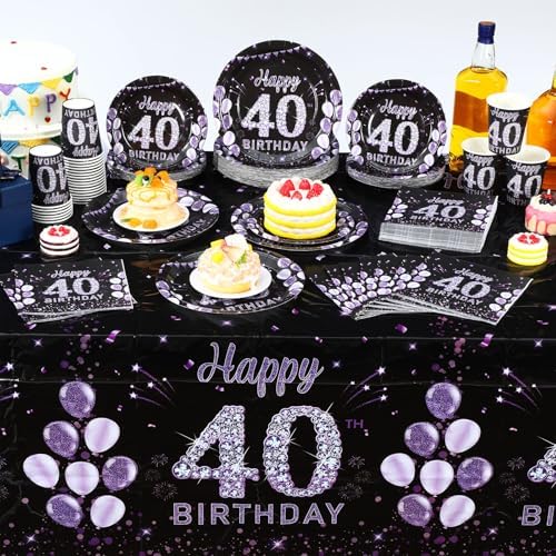 Pickmesh 202 Pcs 40th Birthday Plates Napkins Cups Tablecloth Set