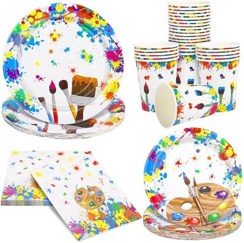 64 Piece Art Party Supplies with Paint Plates Cups Napkins