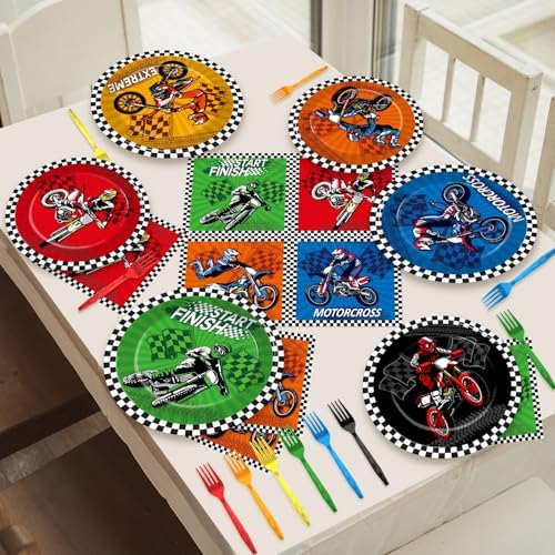 96Pcs Dirt Bike Party Plates Napkins Forks for Boys Birthday