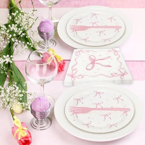 100 Pcs Pink Ribbon Bow Party Tableware Set Serves 25