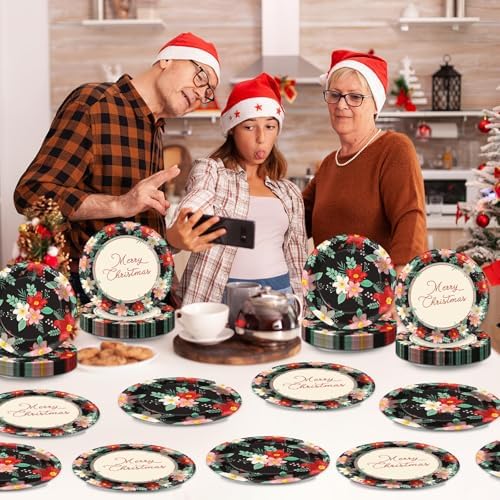 50Pcs Heavy Duty Christmas Floral Plates Set