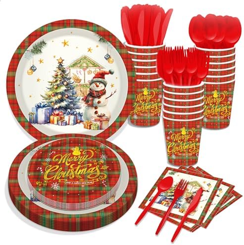 116 Piece Santa Plaid Party Tableware Set for 16 Guests