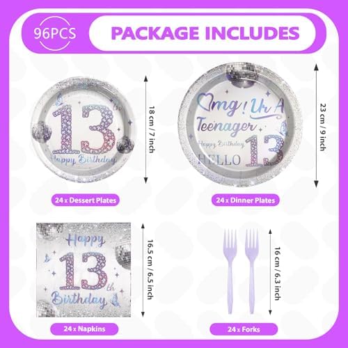 Grencian 96Pcs Silver Disco Iridescent 13th Birthday Plates and Napkins Set