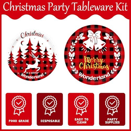 150pcs Red Buffalo Plaid Christmas Party Tableware Set for 50 Guests