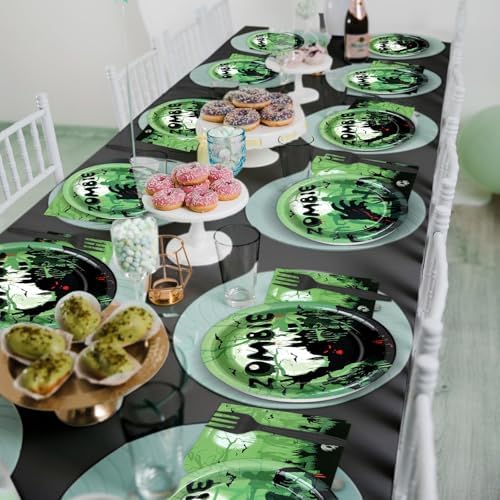 Wiooffen 96 Pcs Zombie Halloween Plates Napkins Tableware Set