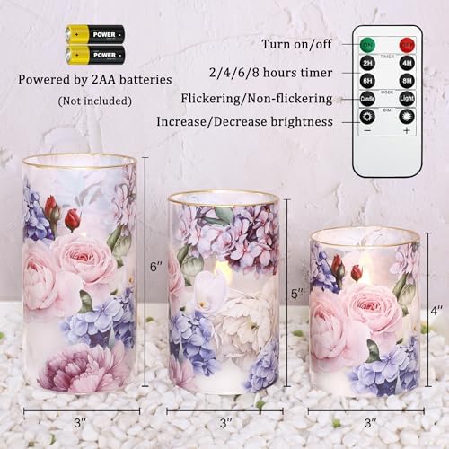 Silverstro Hydrangea Rose Flameless Candles Set of 3 With Remote Timer