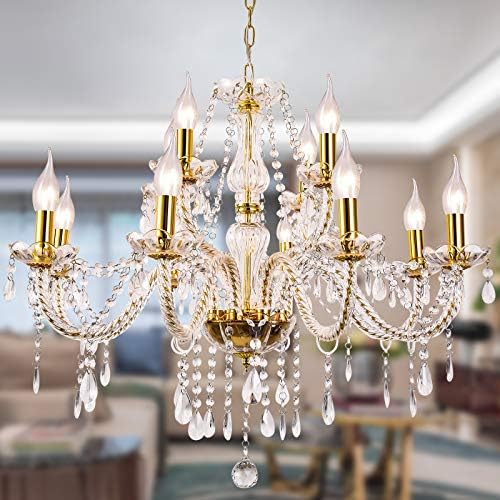 Crystal Gold Candle Chandelier 12 Light Pendant Ceiling Lamp for Home