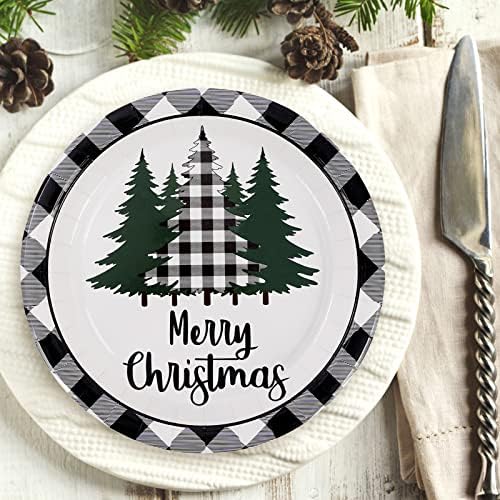 Whaline 24Pcs Christmas Paper Plates with Plaid Tree Design