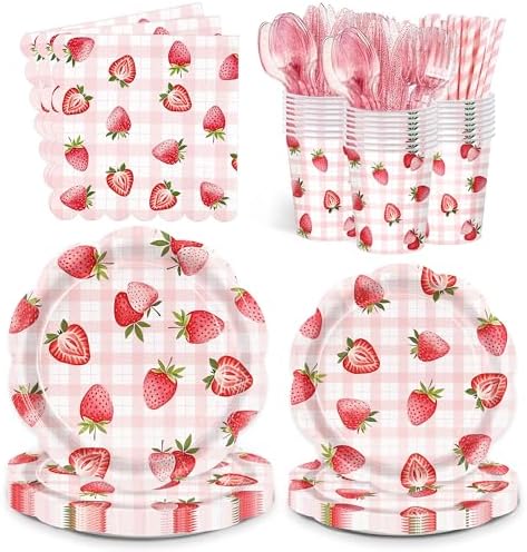 Strawberry Party Tableware Set 24 Guest Disposable Plates Cups Straws