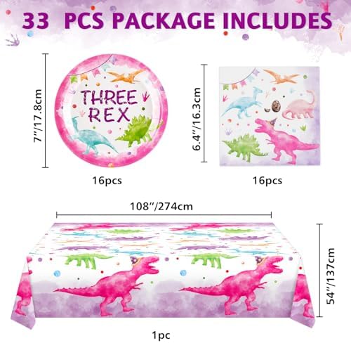 WERNNSAI Pink Dinosaur 3rd Birthday Party Plates Set