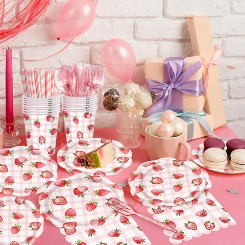 Strawberry Party Tableware Set 24 Guest Disposable Plates Cups Straws