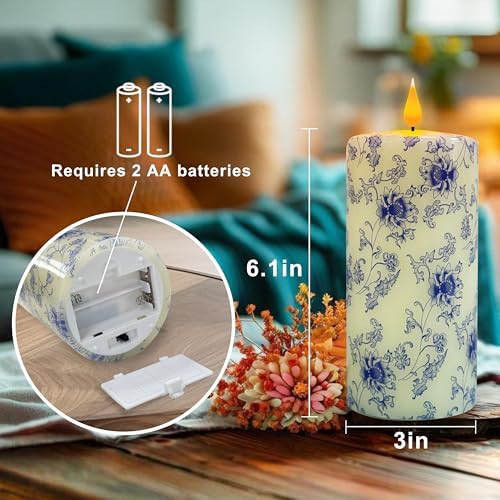 Flameless Pillar Candle with Remote Control 6 Inch Blue and Flower Design
